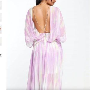 NWT ASOS DESIGN goddess sheer open back maxi dress with chain detail, size 10